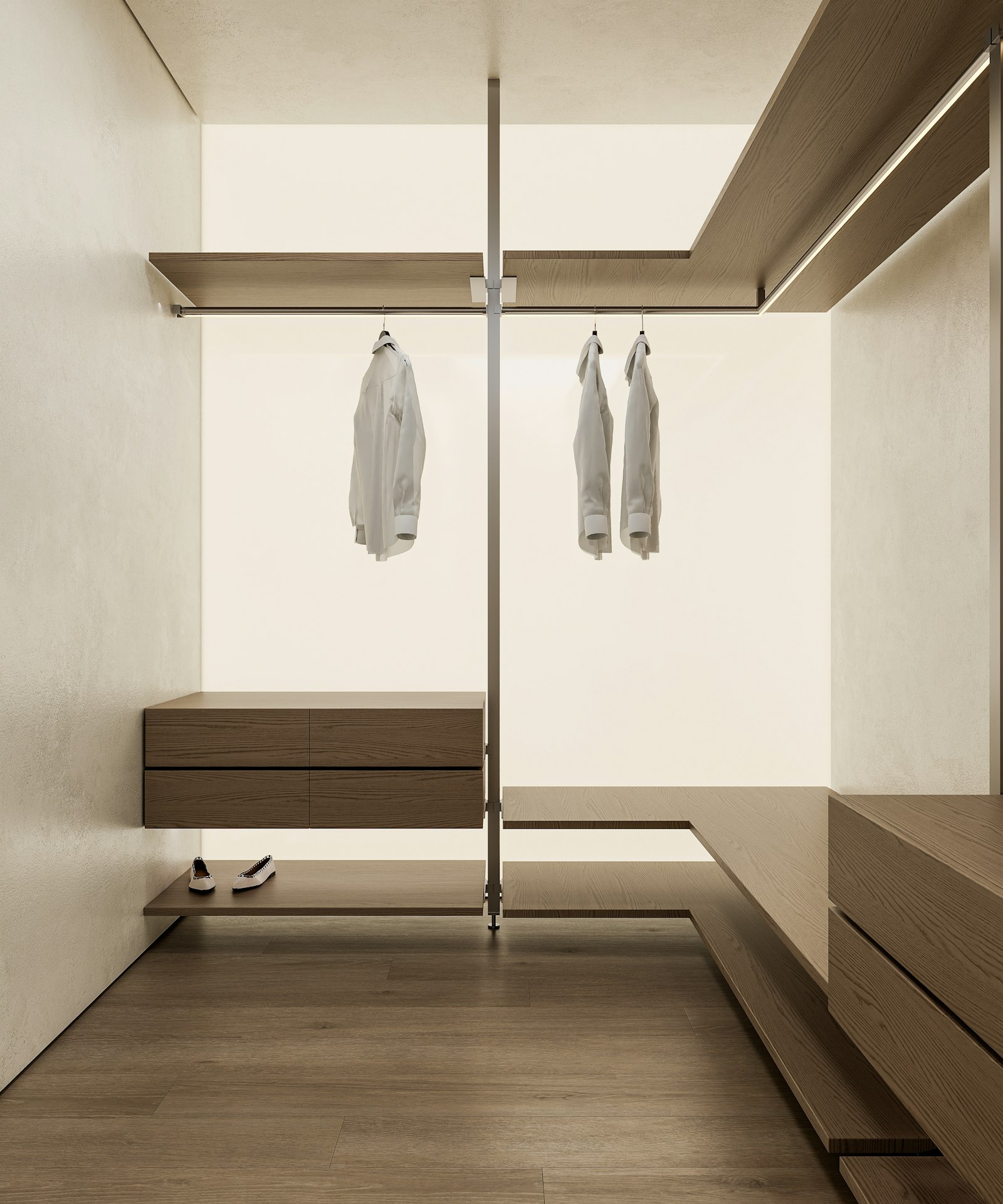 Dressing walk-in avec étagères en bois — réalisation Levidrat