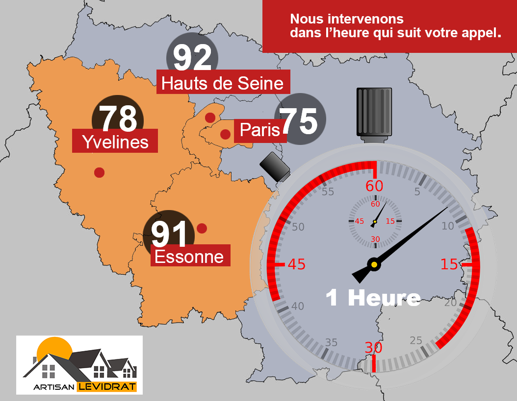 Carte des lieux de depannage, Service depannage  Artisan Levidrat en intervention à Paris, Yvelines, hauts de Seine et Essonnes